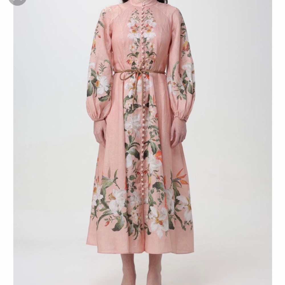 Zimmerman Lexi billow in Pink palmFloral Maxi Dress with Long Sleeves with belt